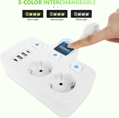 Adaptor priza cu doua mufe type C PD20W + QC3.0 si cu 2 USB 3.4A, lampa cu touch si lumina interschimbabila, alb